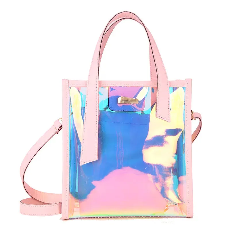 Sohiwoo Fashion Women Summer Beach Tote Holographic Clear Crossbody Bag Stylish Jelly Purse Ladies Transparent Laser PU Handbag