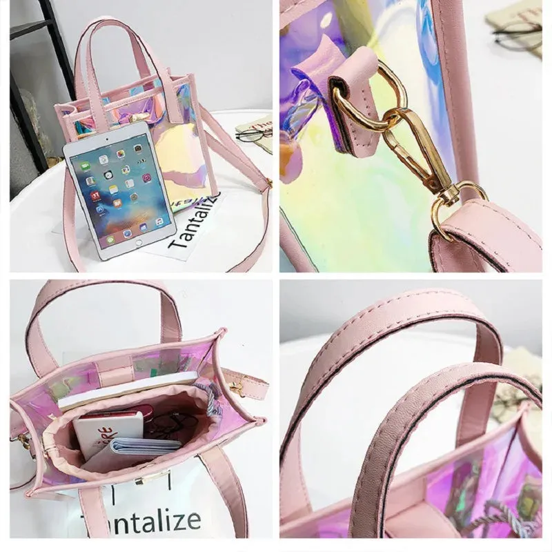 Sohiwoo Fashion Women Summer Beach Tote Holographic Clear Crossbody Bag Stylish Jelly Purse Ladies Transparent Laser PU Handbag