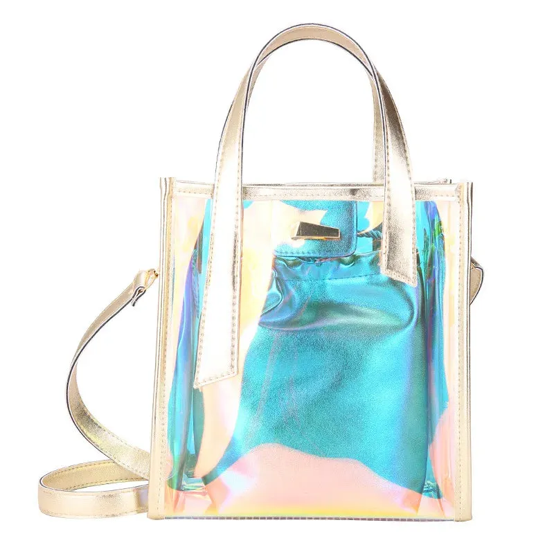 Sohiwoo Fashion Women Summer Beach Tote Holographic Clear Crossbody Bag Stylish Jelly Purse Ladies Transparent Laser PU Handbag