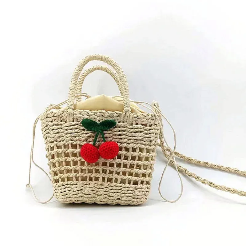 Sohiwoo Ladies Summer Small Cherry Pattern Straw Bags Women Macrame Handbag Handmade Crochet Straw Baskets Phone Bag