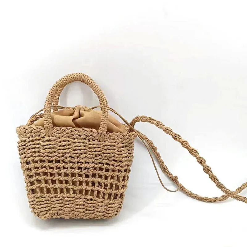 Sohiwoo Ladies Summer Small Cherry Pattern Straw Bags Women Macrame Handbag Handmade Crochet Straw Baskets Phone Bag