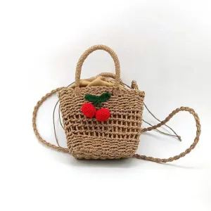 Sohiwoo Ladies Summer Small Cherry Pattern Straw Bags Women Macrame Handbag Handmade Crochet Straw Baskets Phone Bag
