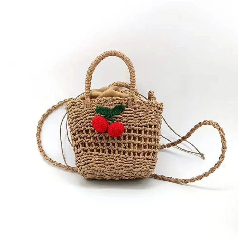 Sohiwoo Ladies Summer Small Cherry Pattern Straw Bags Women Macrame Handbag Handmade Crochet Straw Baskets Phone Bag