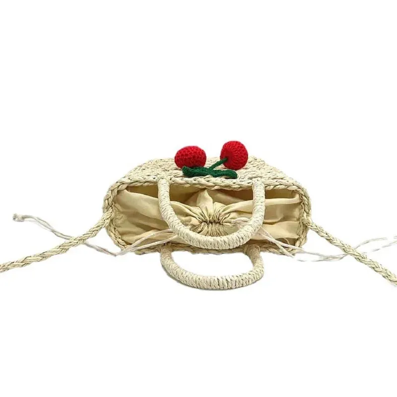 Sohiwoo Ladies Summer Small Cherry Pattern Straw Bags Women Macrame Handbag Handmade Crochet Straw Baskets Phone Bag