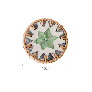 (Tooth Green Pattern) Set of 5 Rattan & Shell Coasters | Decorative & Heat Resistant