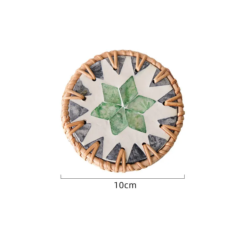 (Tooth Green Pattern) Set of 5 Rattan & Shell Coasters | Decorative & Heat Resistant
