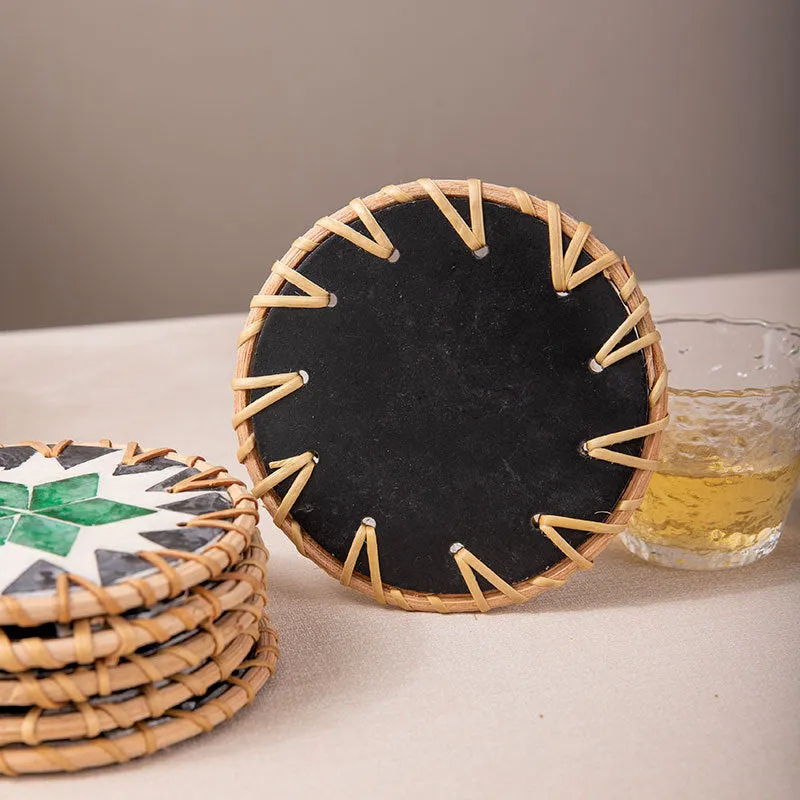 (Tooth Green Pattern) Set of 5 Rattan & Shell Coasters | Decorative & Heat Resistant