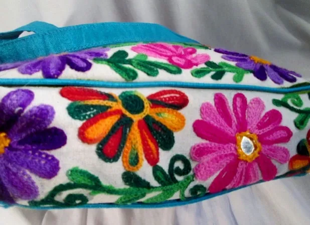 Vegan Ethnic Knit Embroidered Shoulder Bag Mirror Hippie Floral Colorful Crossbody