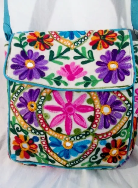 Vegan Ethnic Knit Embroidered Shoulder Bag Mirror Hippie Floral Colorful Crossbody