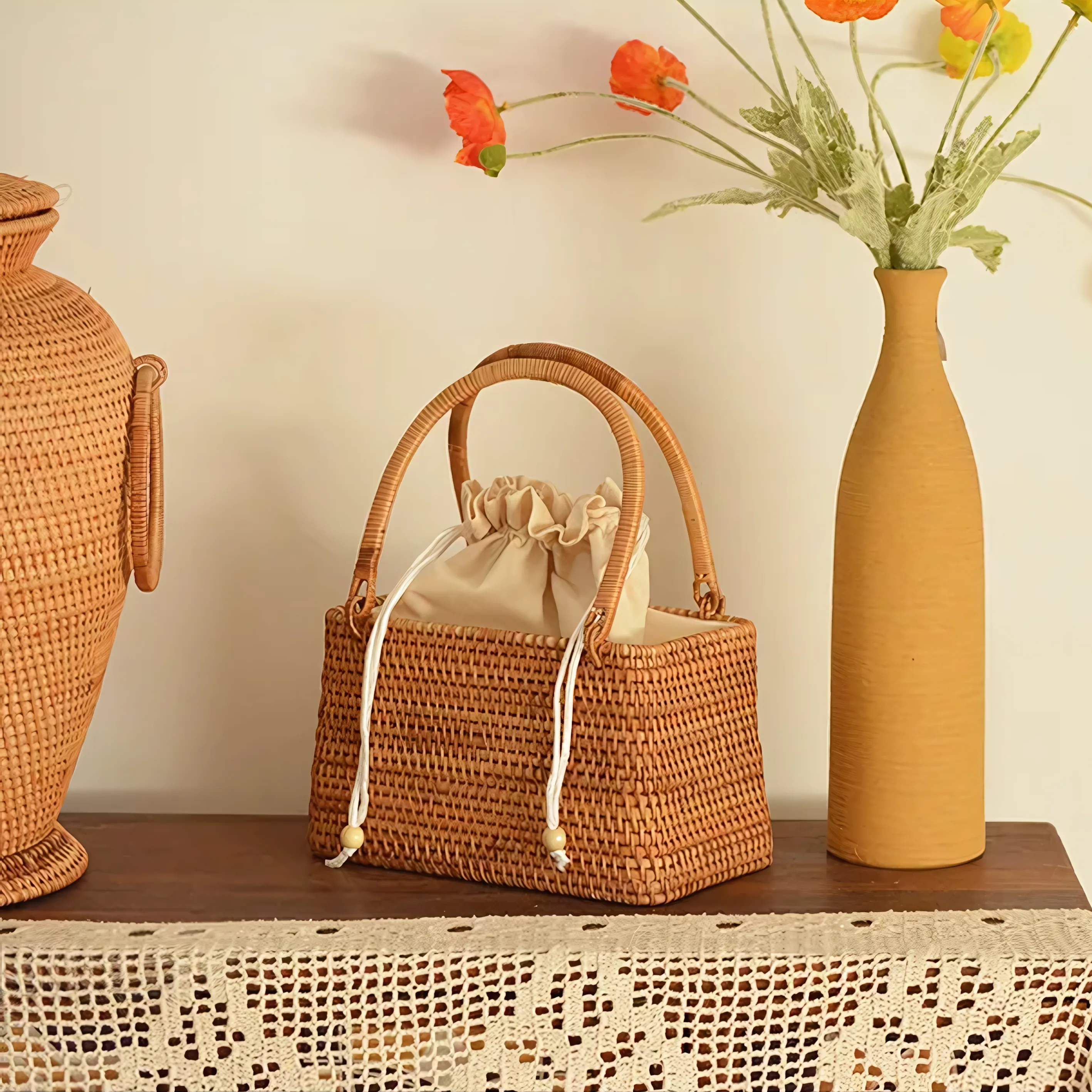 Vintage Luxury Hollow Rattan Basket Straw Bags